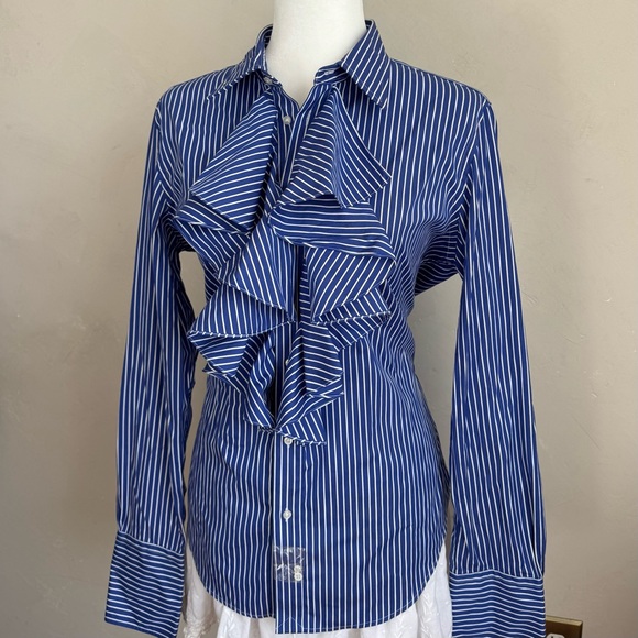 Chic Ralph Lauren Blue Striped Button Down Shirt Preppy NWT 100% Cotton - Picture 3 of 5